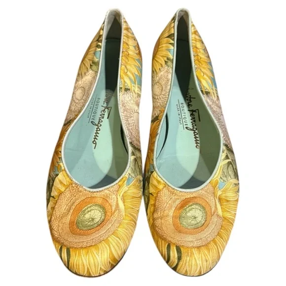 Salvatore Ferragamo Sunflower Scarf Yellow Floral Sz 6.5 Womens Ballet Flats - Picture 5 of 7